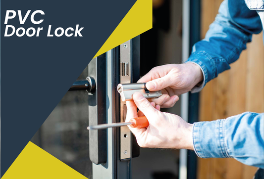 Person installing a PVC door lock with text 'PVC Door Lock' on a blue and yellow background.